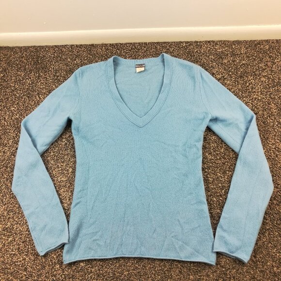 Vintage J Crew Sweater 100% Cashmere V Neck Rolled Hem Blue Womens Small - Picture 1 of 8
